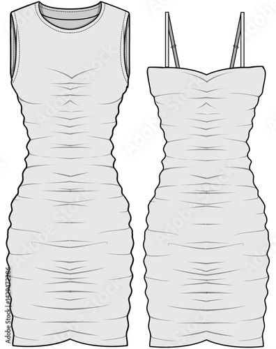 Sleeveless Ruched Dress, Strap Ruched Dress Fashion Illustration, Vector, CAD, Technical Drawing, Flat Drawing, Template, Mockup.