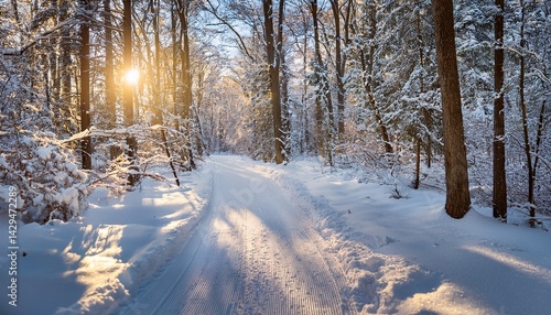 sunlit snowy forest trail in wisconsin winter wonderland ideal for skiing and biking adventures