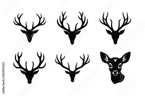 black silhouettes of wild deers – male, female and roe deer logo vector.