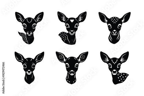 black silhouettes of wild deers – male, female and roe deer logo vector.