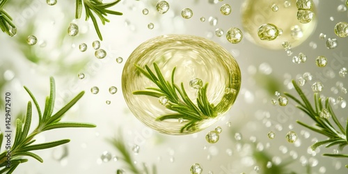 An abstract background featuring bubbles and green rosemary leaves suspended in a blurred, light-colored atmosphere