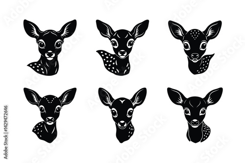 black silhouettes of wild deers – male, female and roe deer logo vector.