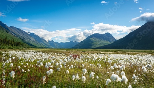 field of eriophorum alaska cotton grass with mountains in the distance on a sunny summer day on the alaska highway between delta junction and tok alaska