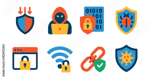 Flat vector icons of cybersecurity: DDoS protection, cyber threat, data theft prevention, malware protection, safe browser, secure Wi-Fi, secure connection, virus protection.
