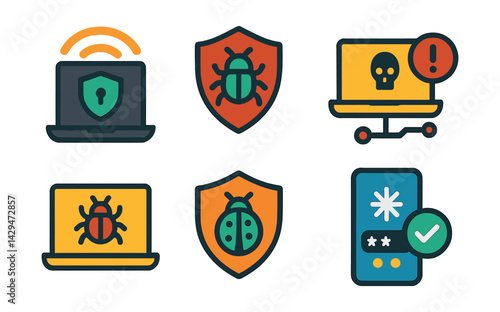 Flat vector icons of cybersecurity: VPN, antivirus, cyber threat, cyberattack, cybercrime, malware protection, personal data safety, two-factor authentication.