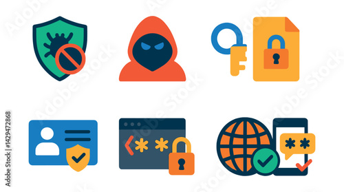 Flat vector icons of cybersecurity: antivirus, cyber threat, encrypted file, encryption, personal data safety, secure code, secure connection, two-factor authentication.
