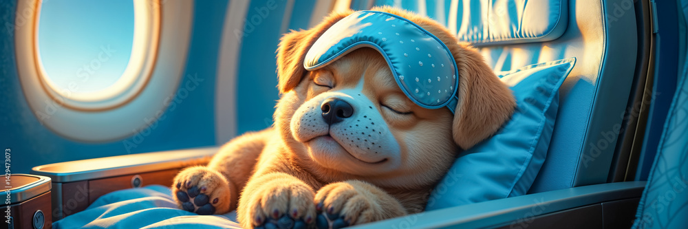 cute cartoon dog sleeps with sleep mask on plane