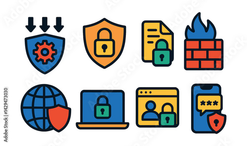 Flat vector icons of cybersecurity: DDoS protection, data protection, encrypted file, firewall, network protection, secure connection, secure login, two-factor authentication.
