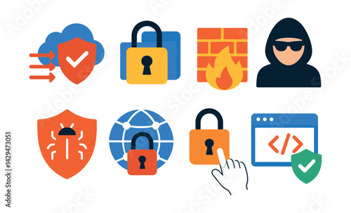 Flat vector icons of cybersecurity: DDoS protection, data theft prevention, firewall, hacker, malware protection, network protection, secure access, secure code.