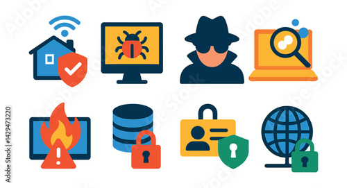 Flat vector icons of cybersecurity: IoT device protection, antivirus, cyber espionage, cyber hygiene, cyberattack, data protection, secure access, secure connection.