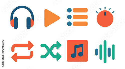 Flat vector icons of music players: headphones, play icon, track list, volume knob, repeat icon, shuffle icon, album cover, audio waveform.