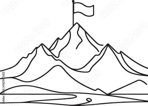 mountain peak line drawing with goal flag at the summit