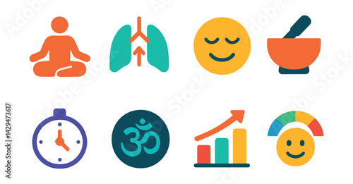 Flat vector icons of meditation apps: lotus pose, breathing guide, calm face, sound bowl, meditation timer, mantra icon, progress chart, mood tracker.