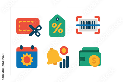 Flat vector icons of coupon and discount apps: coupon cutout, discount tag, barcode scanner, promo code, daily deals, offer bell, savings tracker, cashback icon.