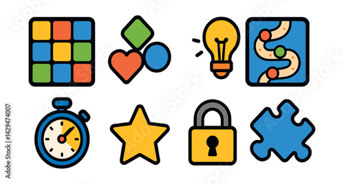Flat vector icons of puzzle game apps: puzzle grid, match-three icons, hint lightbulb, level map, timer, star score, locked stage, puzzle piece.