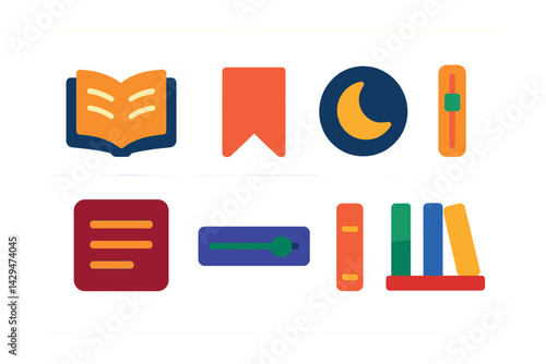 Flat vector icons of ebook reader apps: open book, bookmark icon, font size adjust, night mode, scroll bar, chapter menu, reading progress, library shelf.
