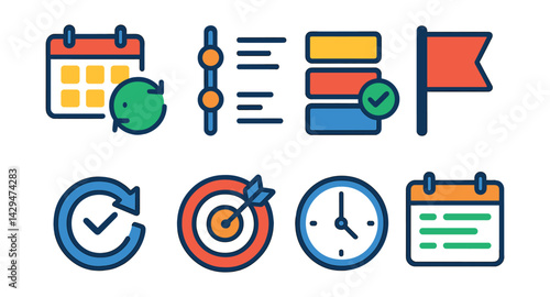 Flat vector icons of time management apps: calendar sync, daily timeline, task blocks, priority flag, repeat task, goal target, time log, schedule view.