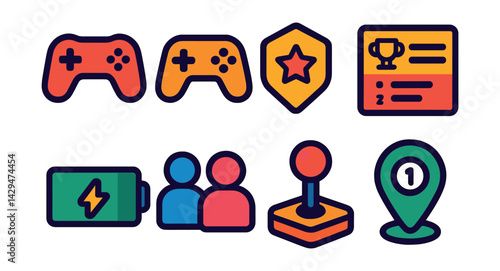 Flat vector icons of mobile game apps: controller icon, gamepad, reward badge, leaderboard, energy bar, multiplayer icon, joystick, level marker.