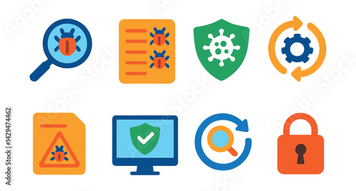 Flat vector icons of antivirus apps: malware scan, quarantine list, virus shield, update signature, suspicious file, real-time protection, scan history, secure icon.