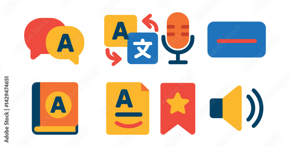 Flat vector icons of translation apps: speech bubble, language swap, voice translator, text field, dictionary icon, grammar help, save phrase, pronunciation icon. Flat vector icons of translation apps: speech bubble, language swap, voice translator, text field, dictionary icon, grammar help, save phrase, pronunciation icon.