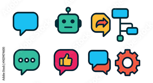 Flat vector icons of chatbot apps: message bubble, robot face, auto-reply, conversation tree, typing dots, feedback icons, chat history, settings gear.