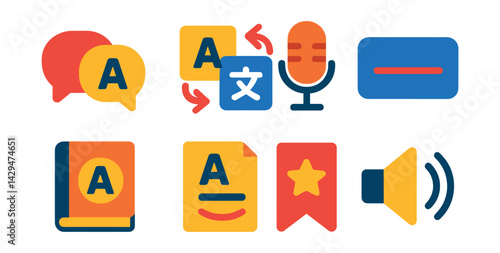 Flat vector icons of translation apps: speech bubble, language swap, voice translator, text field, dictionary icon, grammar help, save phrase, pronunciation icon.