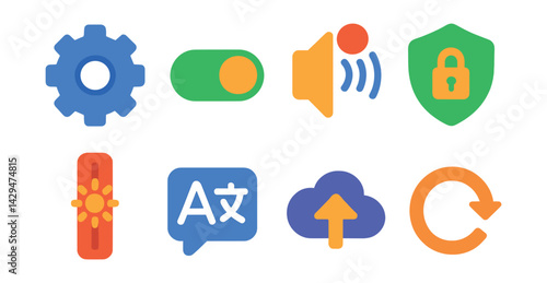 Flat vector icons of settings apps: gear icon, toggle switch, notification sound, app permissions, brightness bar, language option, backup icon, reset button.