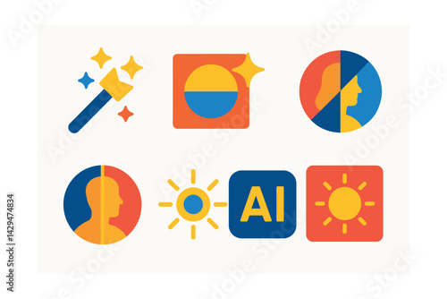 Flat vector icons of AI photo enhancer apps: magic wand, auto enhance, skin retouch, background remover, face symmetry, before/after view, brightness fix, AI icon.