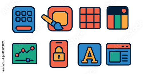 Flat vector icons of UI customization apps: home screen, app icon editor, layout grid, color theme, widget setup, lockscreen preview, font style, interface preview.
