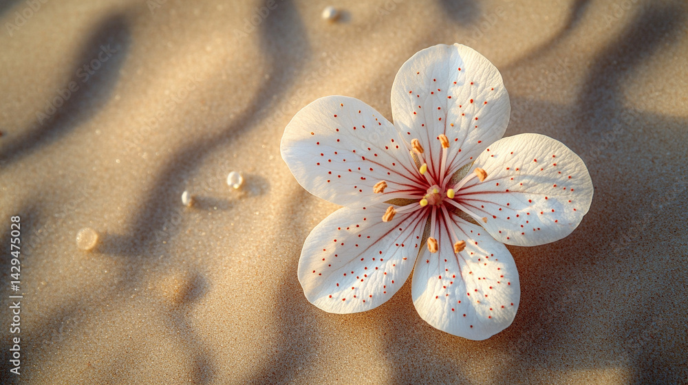 A delicate white flower rests on smooth neutral sand marked by a gentle circular pattern symbolizing peace balance renewal and the harmony between nature and mindfulness in a calm setting