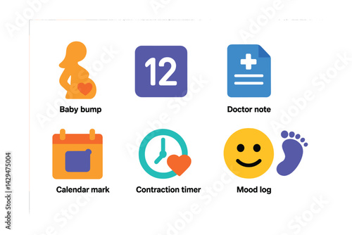 Flat vector icons of pregnancy tracking apps: baby bump, week counter, doctor note, fetal size, calendar mark, contraction timer, mood log, kick tracker.