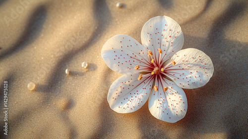 Obraz na płótnie A delicate white flower rests on smooth neutral sand marked by a gentle circular pattern symbolizing peace balance renewal and the harmony between nature and mindfulness in a calm setting
w salonie