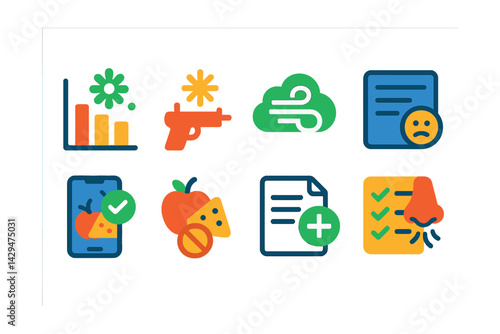 Flat vector icons of allergy tracking apps: pollen chart, trigger icon, air quality, reaction log, allergy scan, food sensitivity, doctor note, symptoms list.