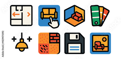 Flat vector icons of interior design planner apps: room layout, furniture drag, 3D view, color palette, lighting plan, wall texture, save design, preview room.