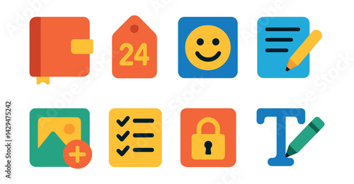 Flat vector icons of journaling apps: diary icon, date tag, mood tracker, journal entry, add photo, gratitude list, lock note, text edit.