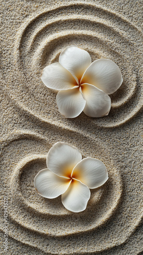 A delicate white flower rests on smooth neutral sand marked by a gentle circular pattern symbolizing peace balance renewal and the harmony between nature and mindfulness in a calm setting

