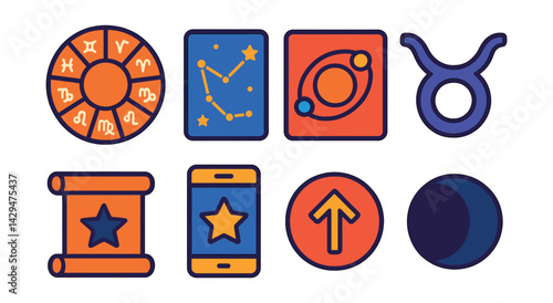 Flat vector icons of astrology apps: zodiac wheel, star chart, planet position, birth sign, horoscope scroll, daily forecast, ascendant icon, moon phase.
