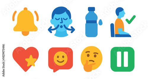 Flat vector icons of mindfulness reminder apps: bell icon, deep breath, water break, posture check, gratitude moment, positive message, reflection emoji, pause screen.