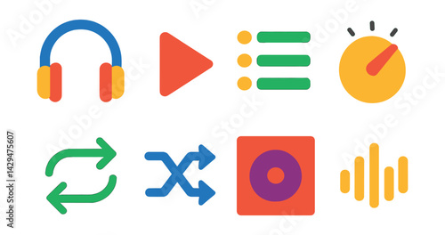 Flat vector icons of music players: headphones, play icon, track list, volume knob, repeat icon, shuffle icon, album cover, audio waveform.