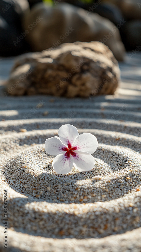 A delicate white flower rests on smooth neutral sand marked by a gentle circular pattern symbolizing peace balance renewal and the harmony between nature and mindfulness in a calm setting