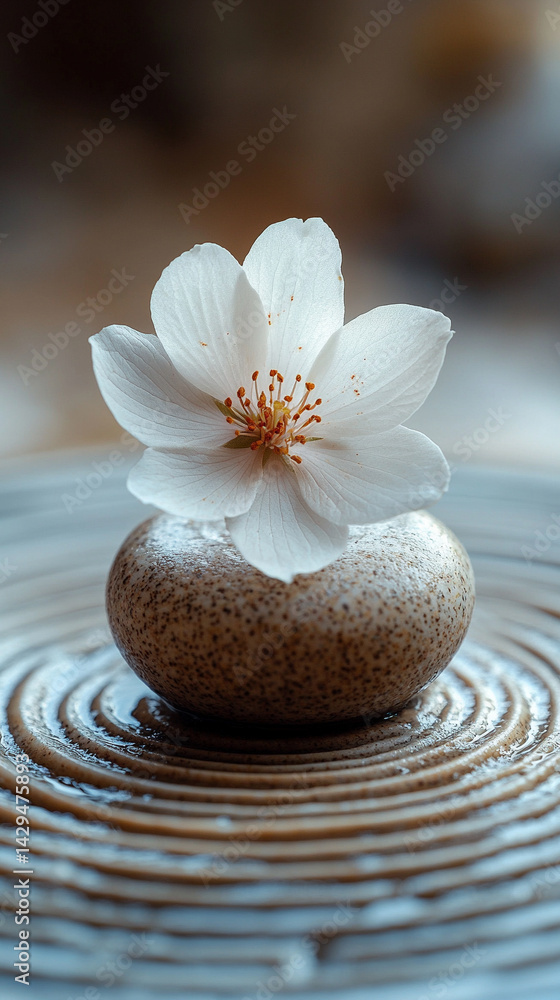 A delicate white flower rests on smooth neutral sand marked by a gentle circular pattern symbolizing peace balance renewal and the harmony between nature and mindfulness in a calm setting