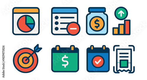 Flat vector icons of finance apps: budget pie chart, expense tracker, money jar, income bar, financial goals, account balance, payment calendar, receipt scan.