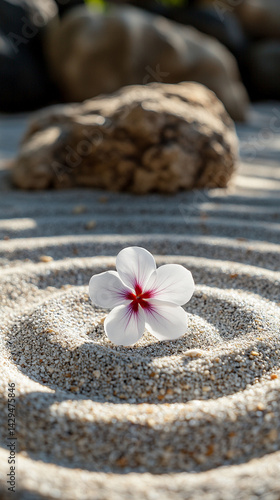 Obraz na płótnie A delicate white flower rests on smooth neutral sand marked by a gentle circular pattern symbolizing peace balance renewal and the harmony between nature and mindfulness in a calm setting
w salonie