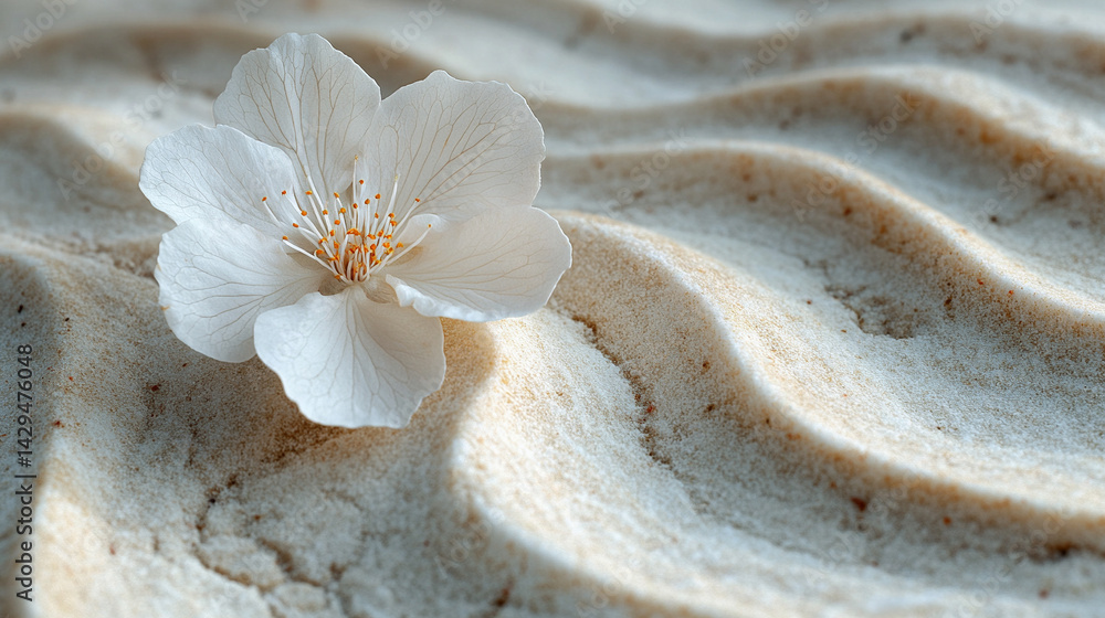A delicate white flower rests on smooth neutral sand marked by a gentle circular pattern symbolizing peace balance renewal and the harmony between nature and mindfulness in a calm setting