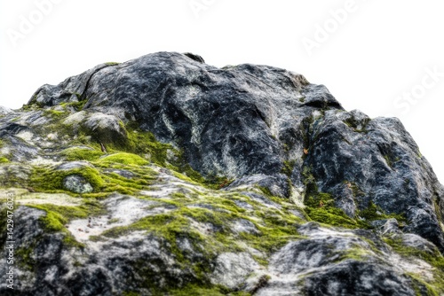 Moss-covered rock formation against a bright, cloudless sky showcasing natural textures.
