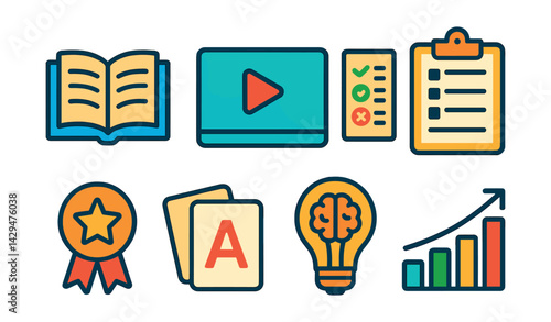 Flat vector icons of educational apps: open book, course video, quiz form, lesson plan, certificate badge, flashcards, knowledge bulb, learning progress.