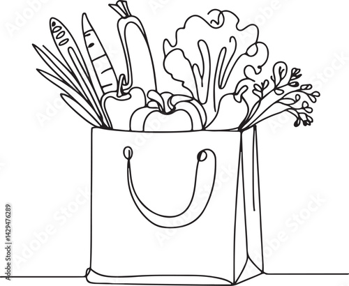 one line drawing of grocery bag filled with vegetables