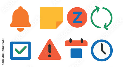 Flat vector icons of reminder apps: alert bell, sticky note, snooze button, recurring task, checklist box, priority marker, due date, time ring.