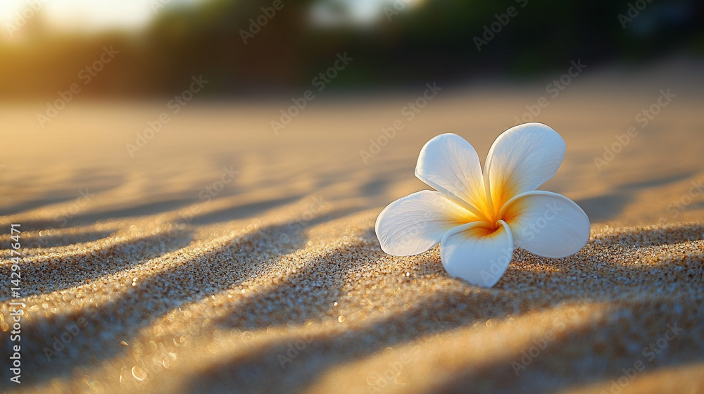 A delicate white flower rests on smooth neutral sand marked by a gentle circular pattern symbolizing peace balance renewal and the harmony between nature and mindfulness in a calm setting