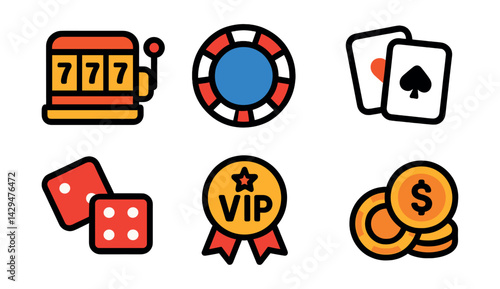 Flat vector icons of casino game apps: slot machine, poker chip, playing cards, jackpot symbol, dice icon, roulette wheel, VIP badge, win coins.
